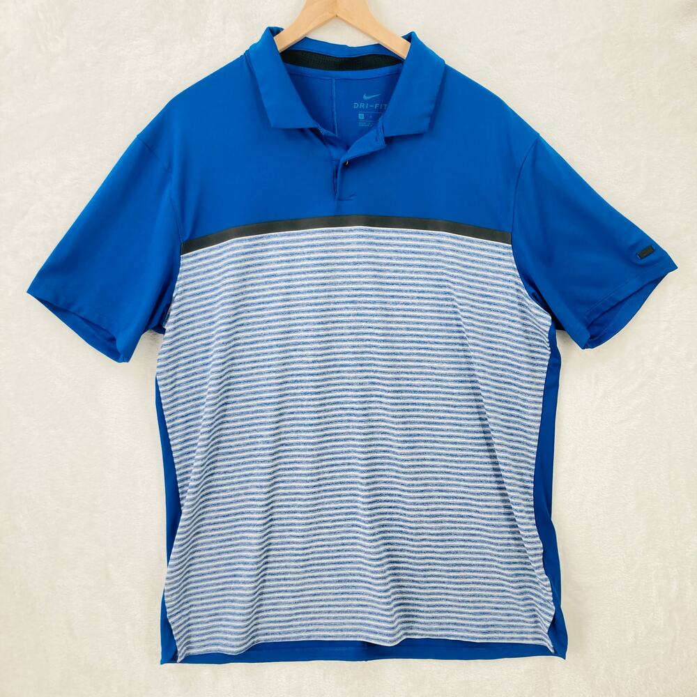 Nike Golf Tiger Woods Polo Shirt Mens Large Vapor Stripe Blue Dri Fit